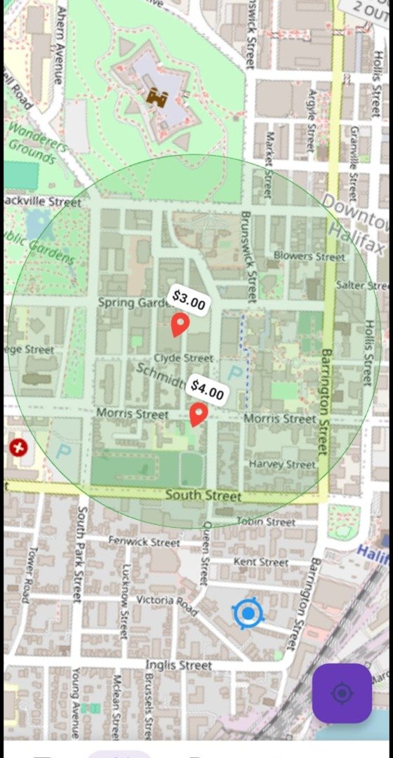 NovaParking app map showing parking spots in Downtown Halifax